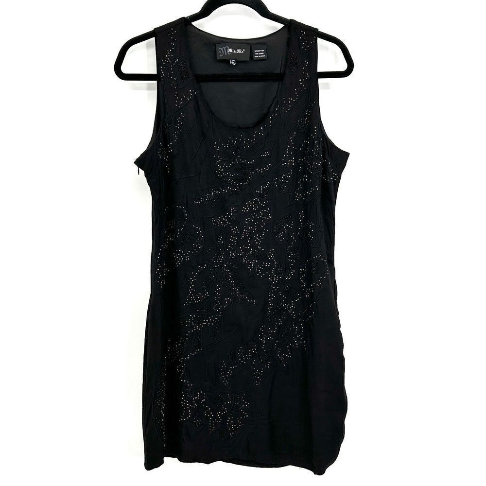 MISS ME Black Beaded Embroidered Floral Sleeveless Mini Dress Size Large